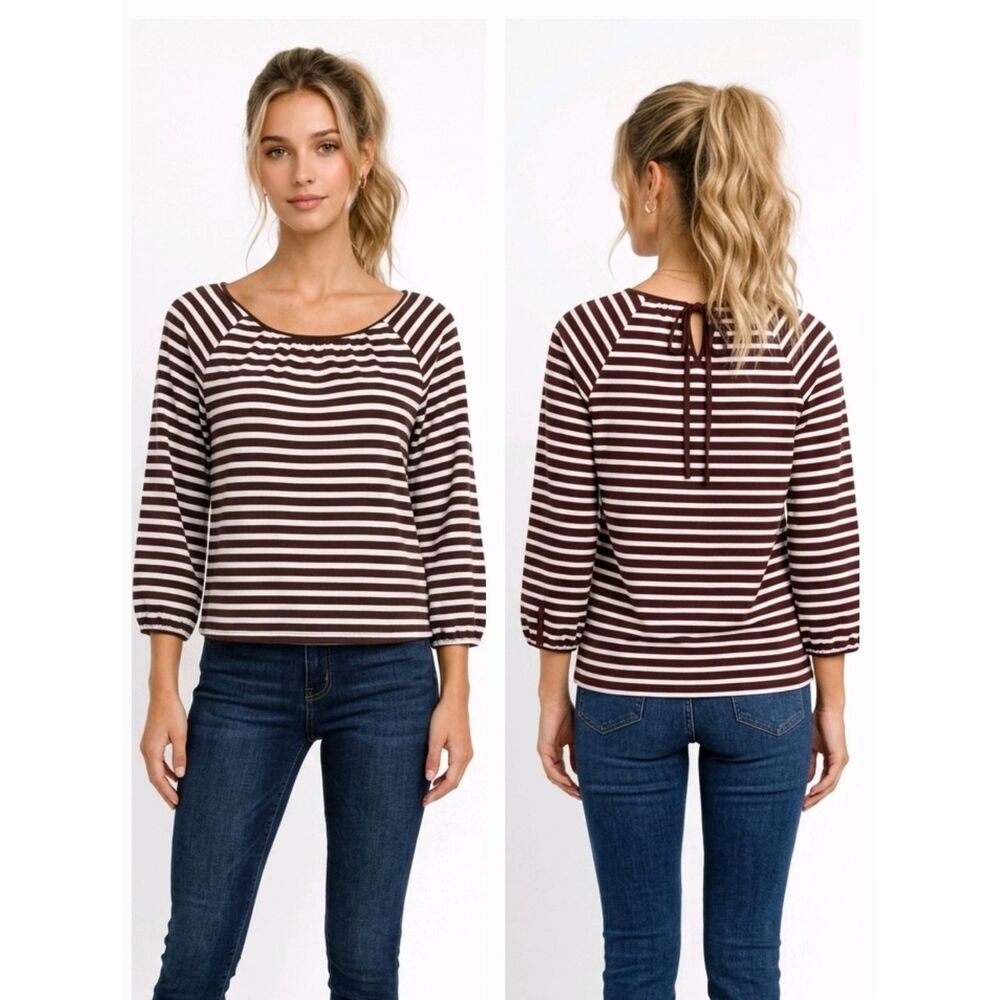 J Crew Brown Striped 3/4 Sleeved Back Tie Cotton Blouse Size S